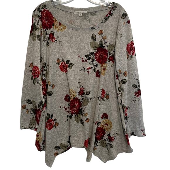 Green Envelope Asymmetrical Tunic Top Women's Size 2X Gray Floral Bateau Neck - Picture 1 of 7